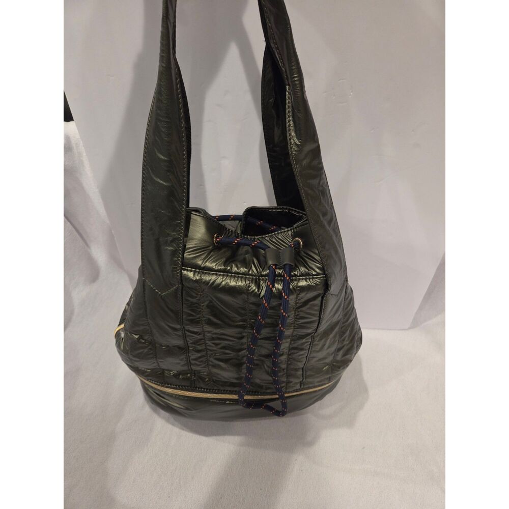 Stella & Dot Crush it Quilted Bucket Bag Metallic Olive Expandable Shoulder Bag